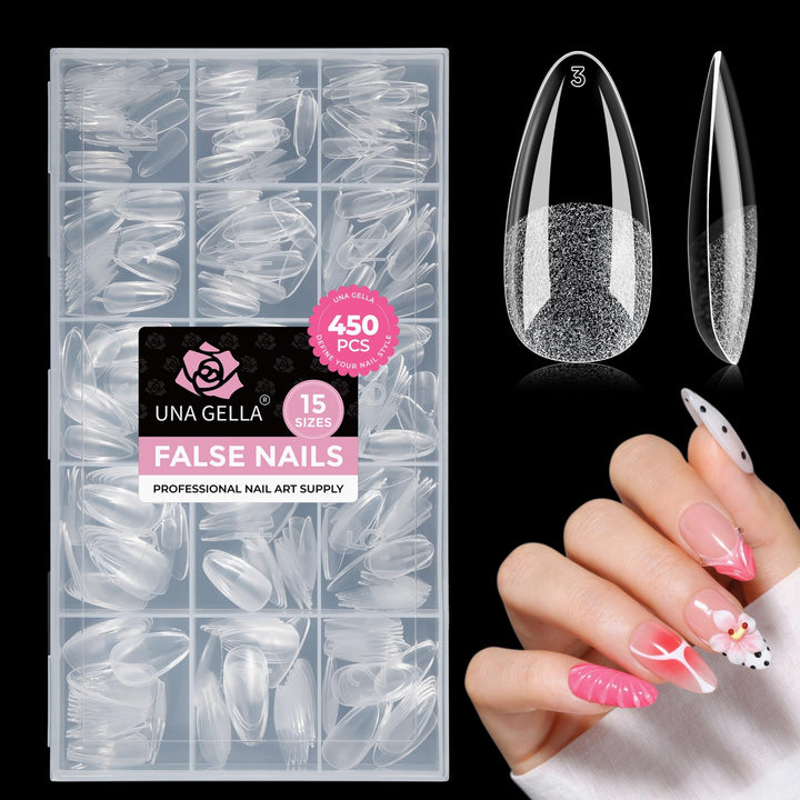 UNA GELLA front packaging showing 450 almond gel tips and easy selection