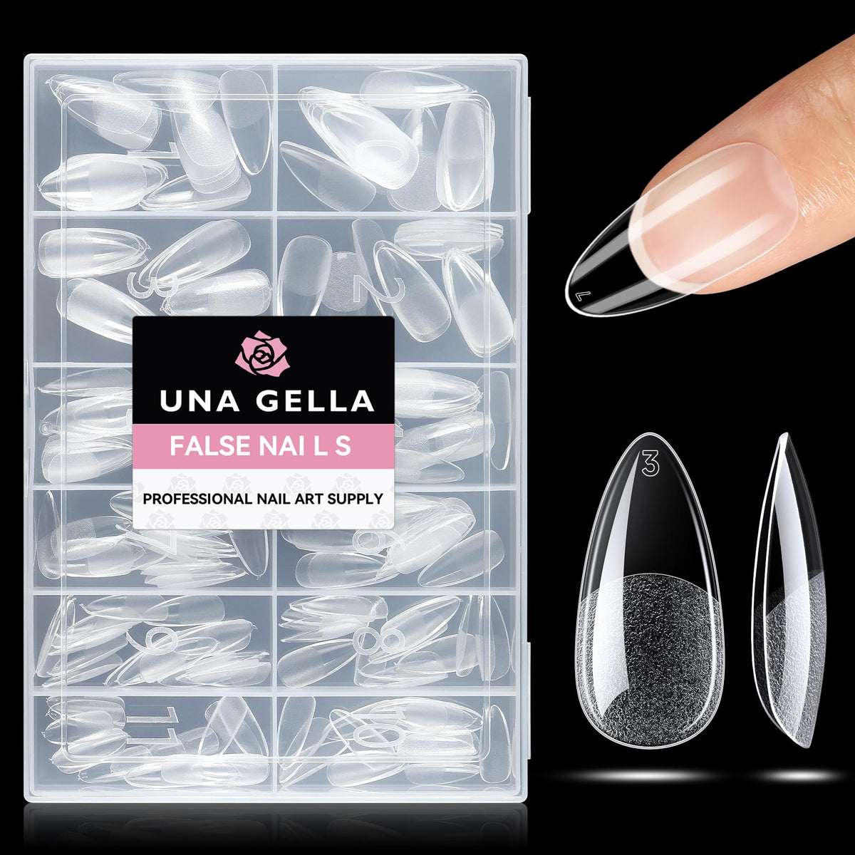 UNA GELLA front packaging showing 216 almond tips and clear benefit