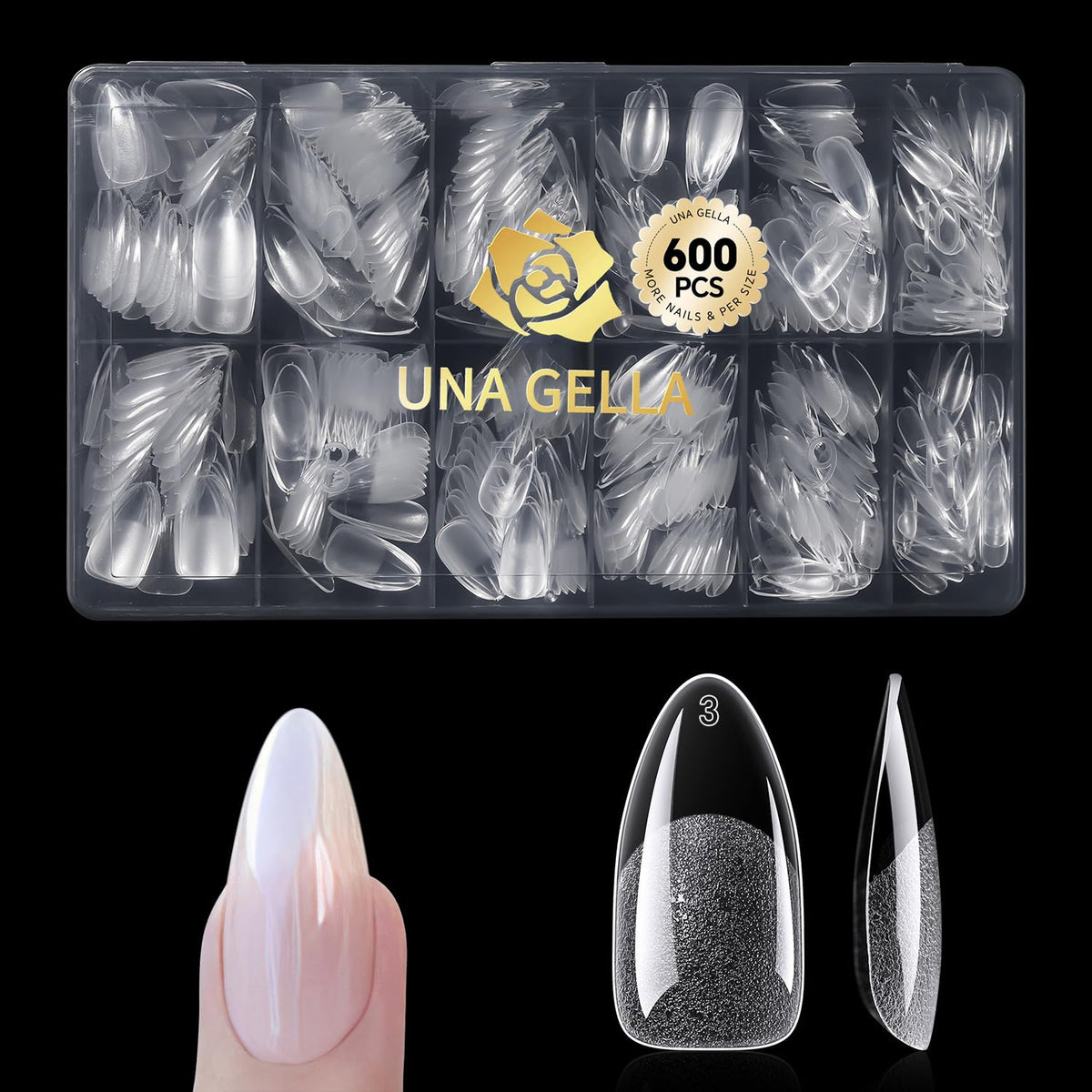 UNA GELLA front packaging showing almond gel tips and quantity benefits
