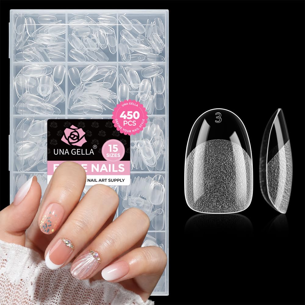 UNA GELLA front packaging showing 450 clear oval press-on nails and benefits