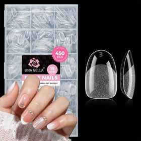 UNA GELLA front packaging showing 450 clear oval press-on nails and benefits