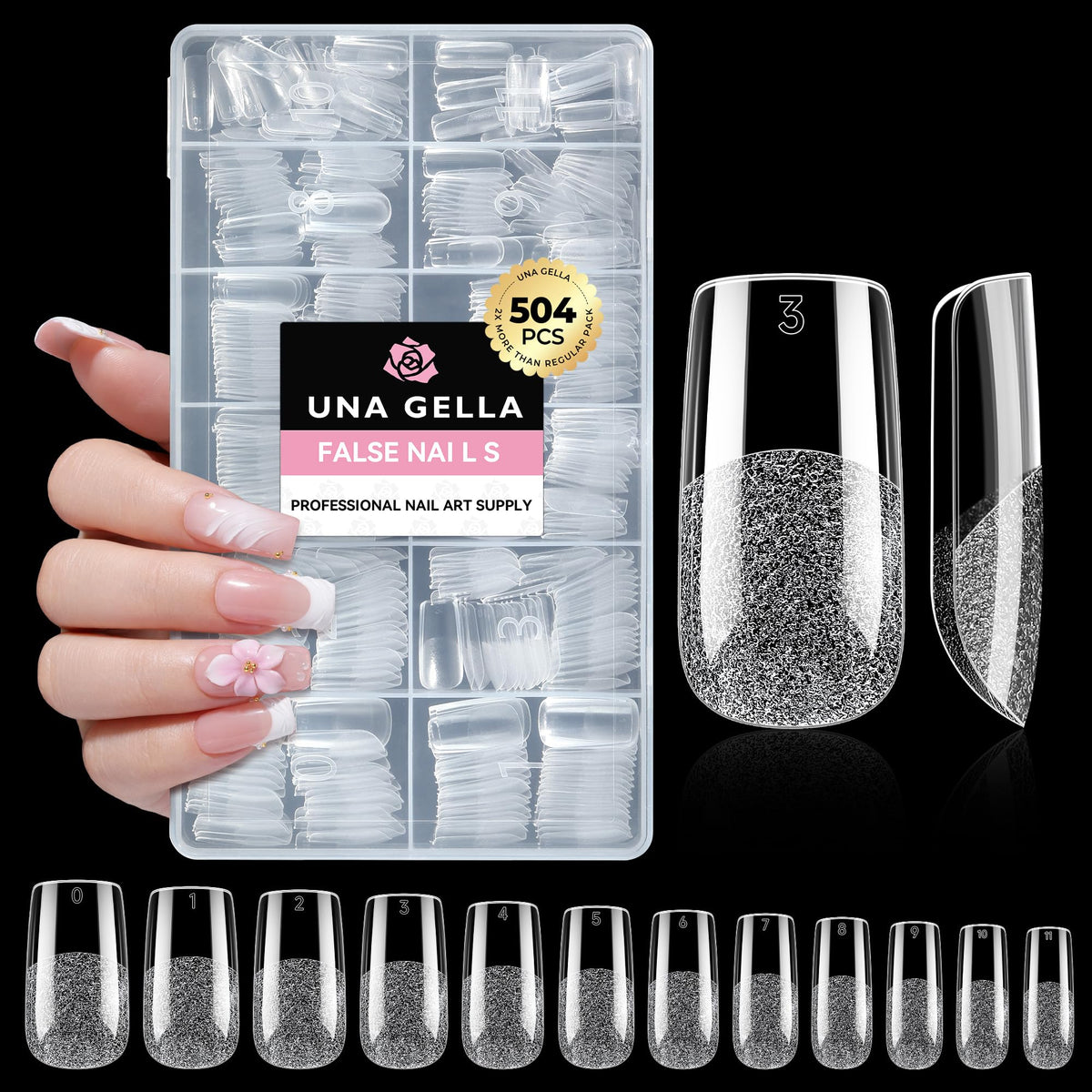 UNA GELLA front packaging of 504 clear square tips, plenty for many manicures