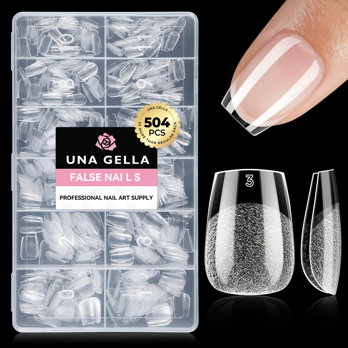 UNA GELLA front packaging showing clear extra short coffin tips and count