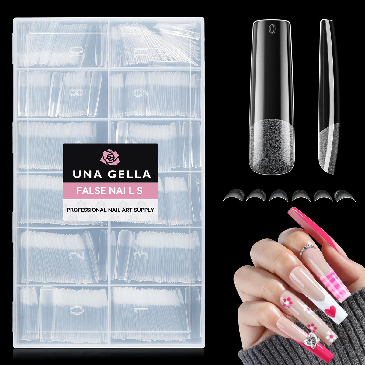UNA GELLA front packaging showing 504 clear XXL tips and tidy box design, ready for salons