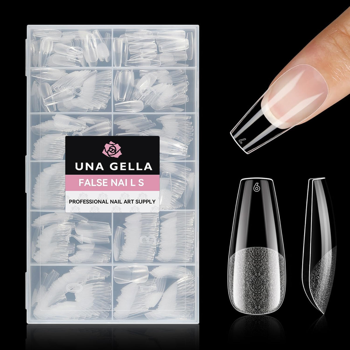 UNA GELLA front packaging showing 504 coffin tips and organizer, clear value
