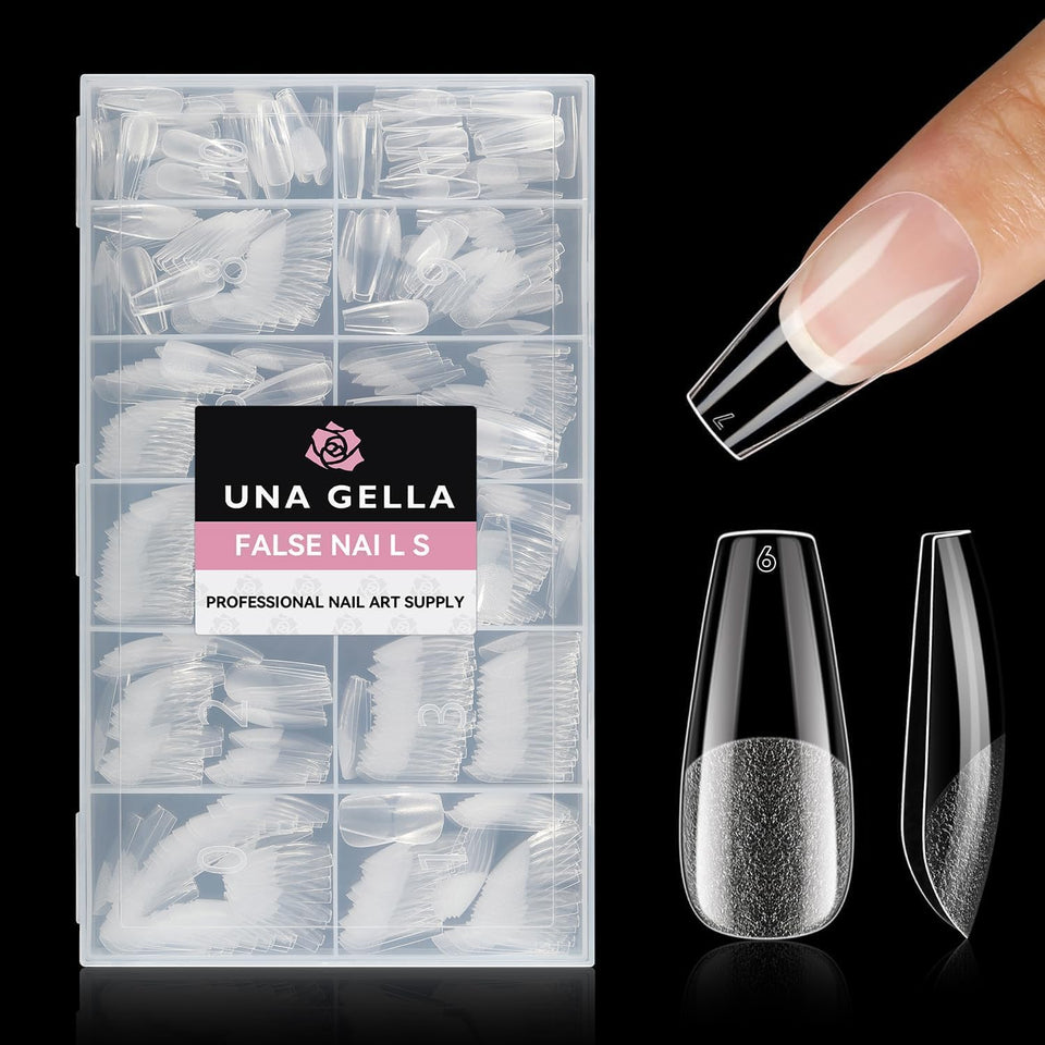 UNA GELLA front packaging showing 504 coffin tips and organizer, clear value