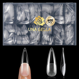 UNA GELLA front packaging showing 600-piece clear stiletto tips and value