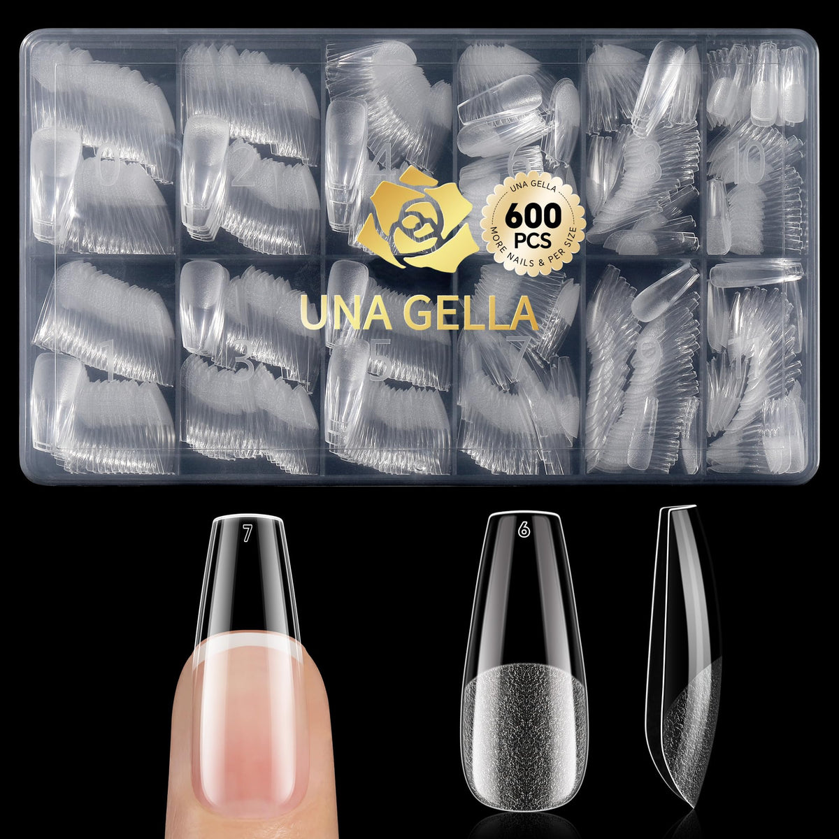 UNA GELLA front packaging showing 600 medium coffin tips and quick setup benefit