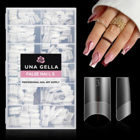 UNA GELLA front packaging showing 504 clear medium square gel tips and quantity benefit