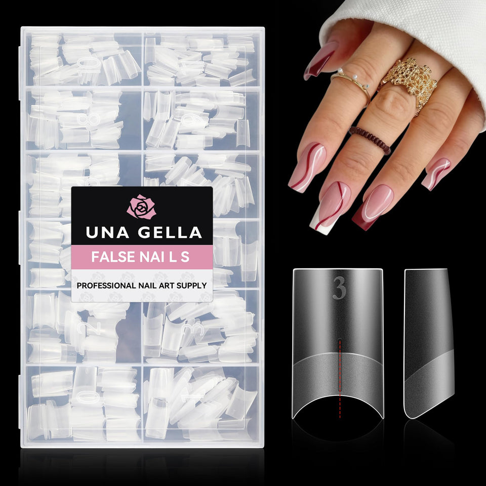 UNA GELLA front packaging showing 504 clear medium square gel tips and quantity benefit