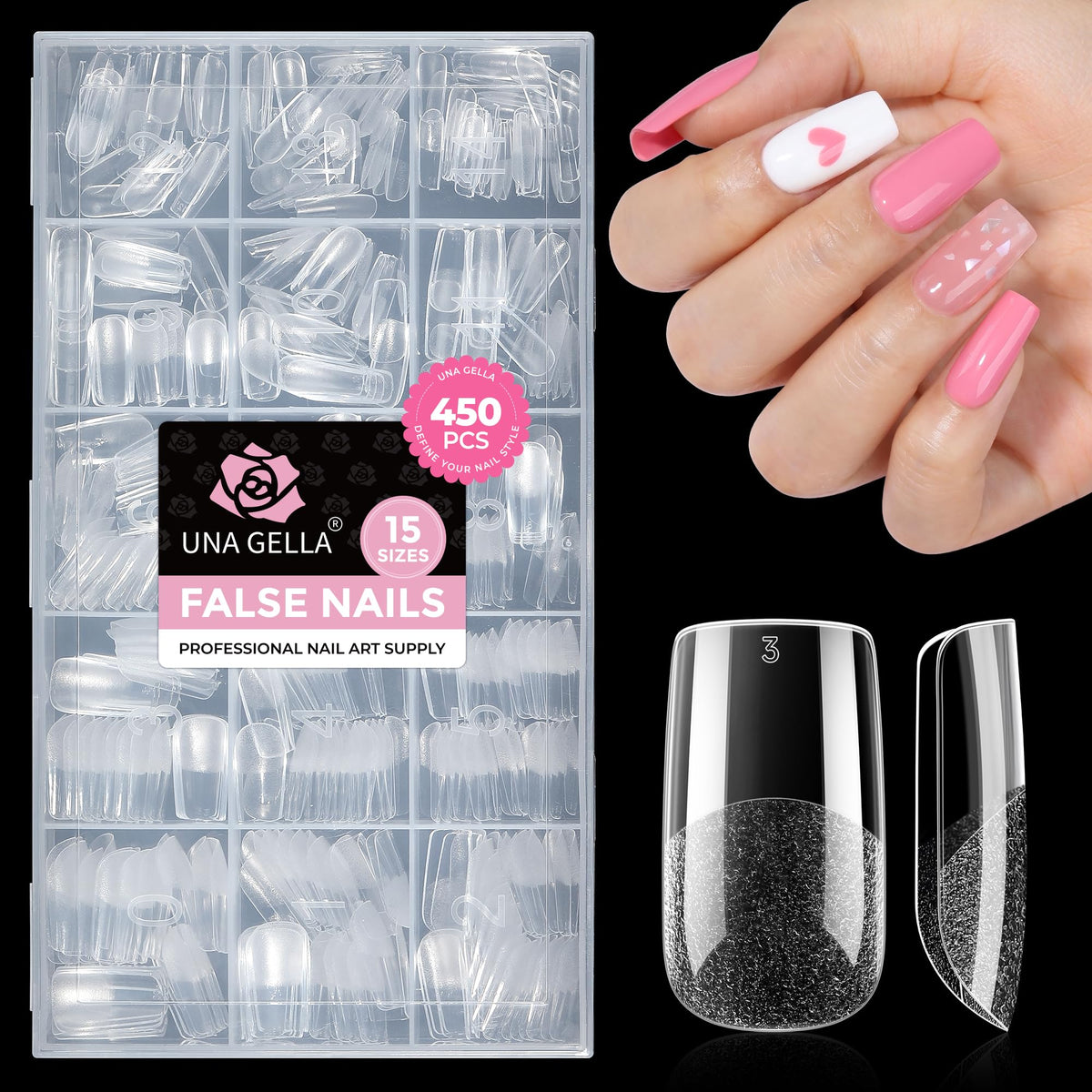 UNA GELLA front packaging showing 450 pieces and 15 sizes for convenience
