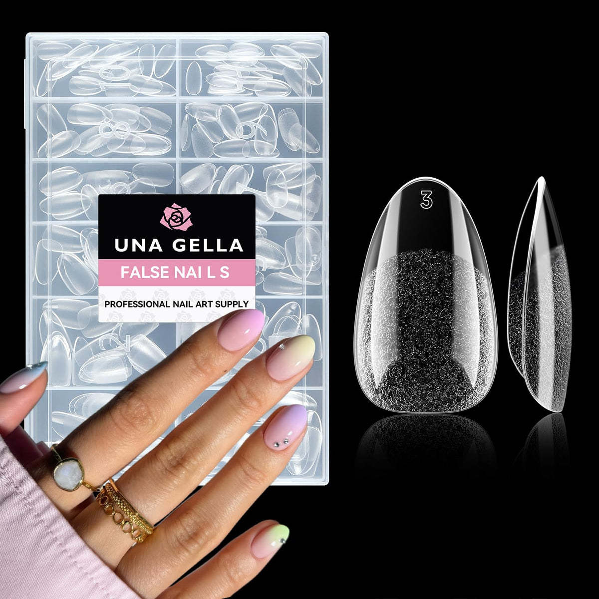 UNA GELLA front packaging showing 216-piece short almond tips and clear benefits
