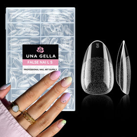 UNA GELLA front packaging showing 216-piece short almond tips and clear benefits