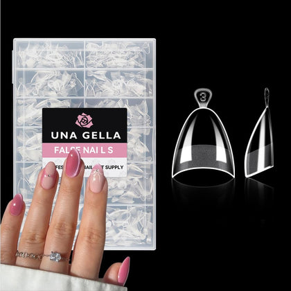 UNA GELLA front packaging showing 504pcs short almond tips, fast salon results