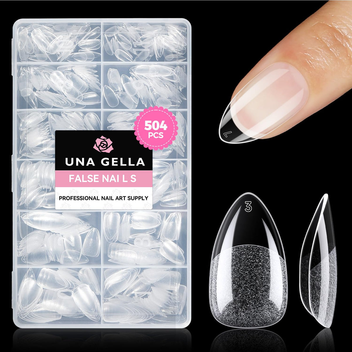 UNA GELLA front packaging showing 504 short almond tips and full set benefit