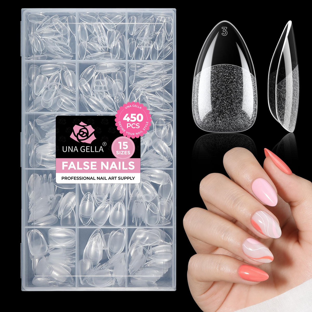 UNA GELLA front packaging showing 450-piece short almond set, easy selection benefit