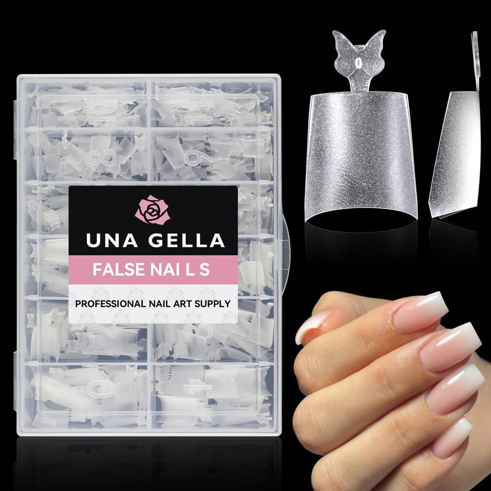 UNA GELLA front packaging of 504 short coffin matte tips showing quantity benefit