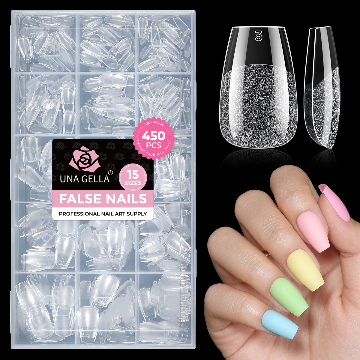 UNA GELLA front packaging showing 450-piece coffin tips and starter kit benefit