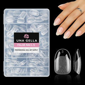UNA GELLA front packaging showing 216-piece short oval tips and quick benefits