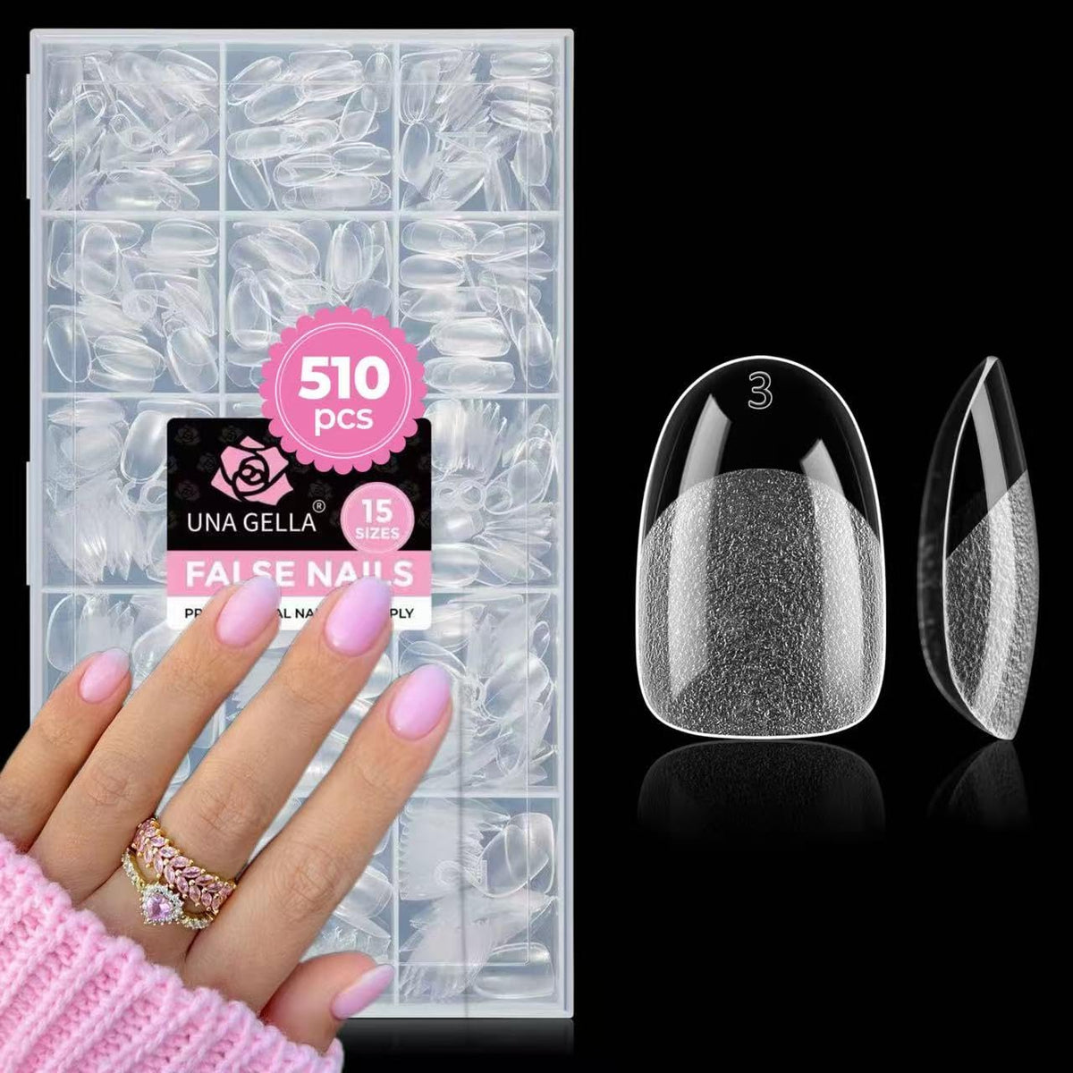 UNA GELLA front packaging showing 510-piece short oval kit and quick selection benefit