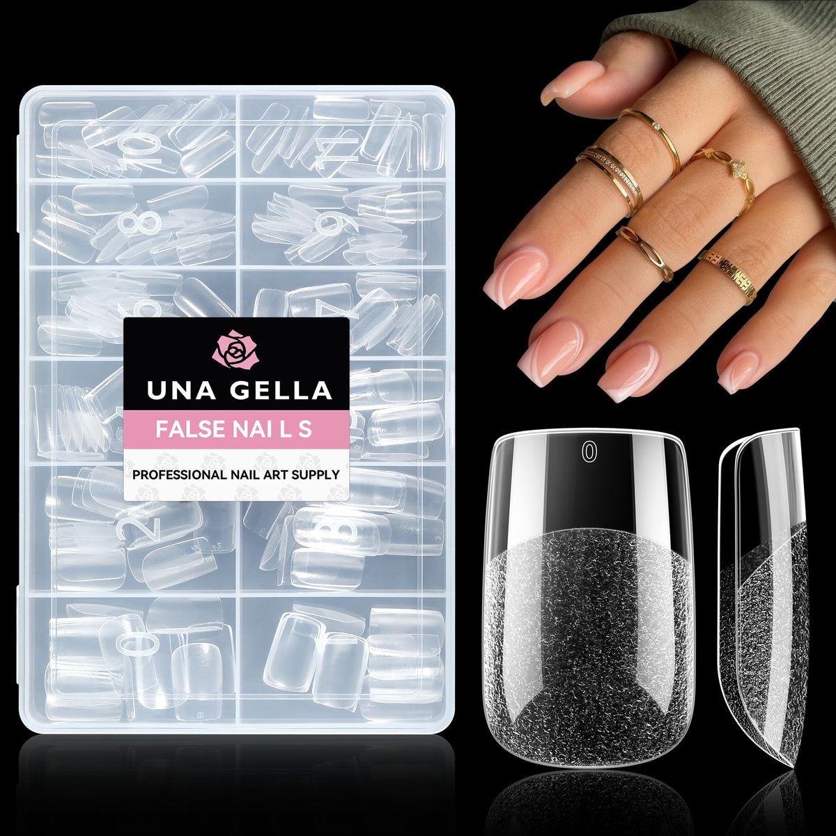 UNA GELLA front packaging showing 216-piece short square tip set and convenient sizing