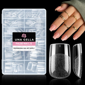 UNA GELLA front packaging showing 216-piece short square tip set and convenient sizing