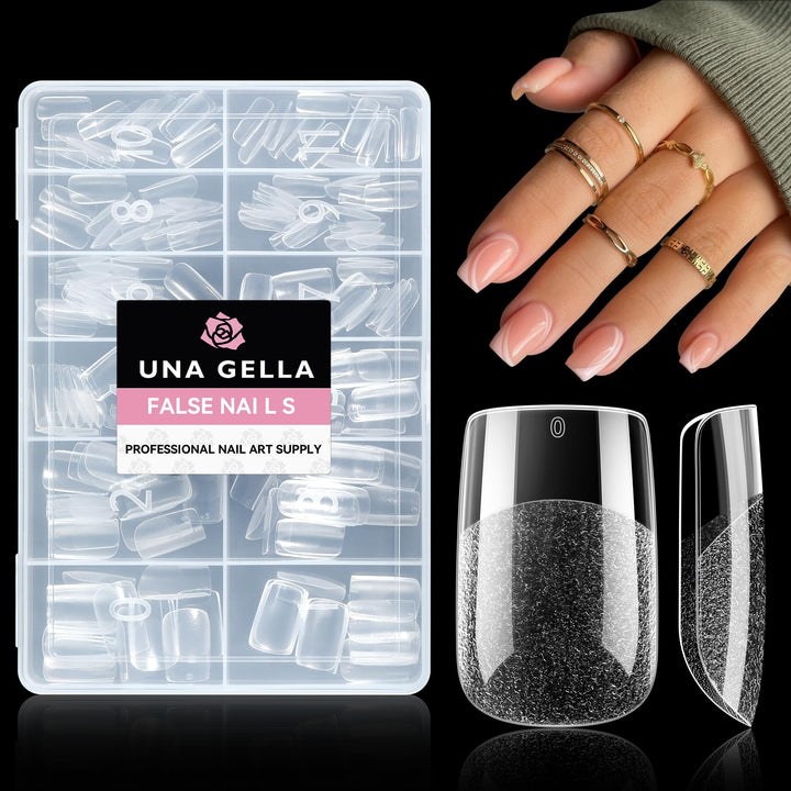 UNA GELLA front packaging showing 216-piece short square tip set and convenient sizing