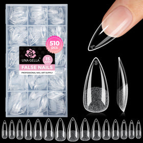UNA GELLA front packaging showing full 510-piece stiletto kit benefits