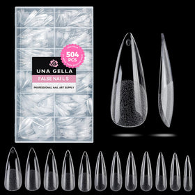 UNA GELLA front packaging showing full 504-piece stiletto set and value
