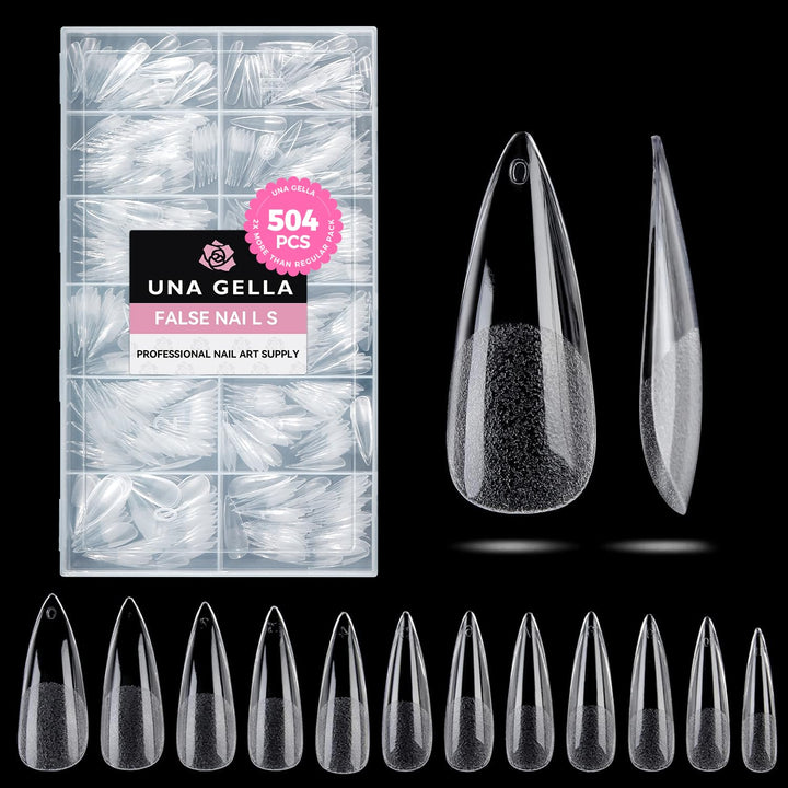 UNA GELLA front packaging showing full 504-piece stiletto set and value