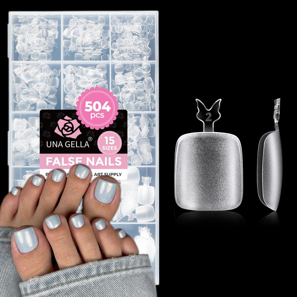 UNA GELLA front packaging showing complete 504-piece toe tip kit and convenience