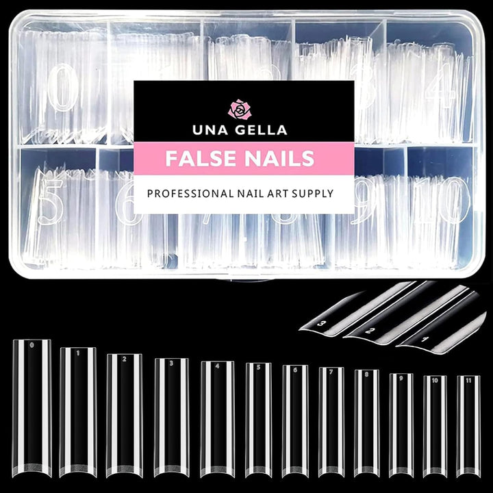 UNA GELLA front pack showing 504 clear XXL square tips and box for convenience