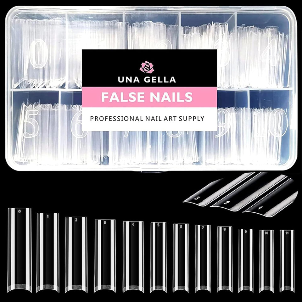 UNA GELLA front pack showing 504 clear XXL square tips and box for convenience