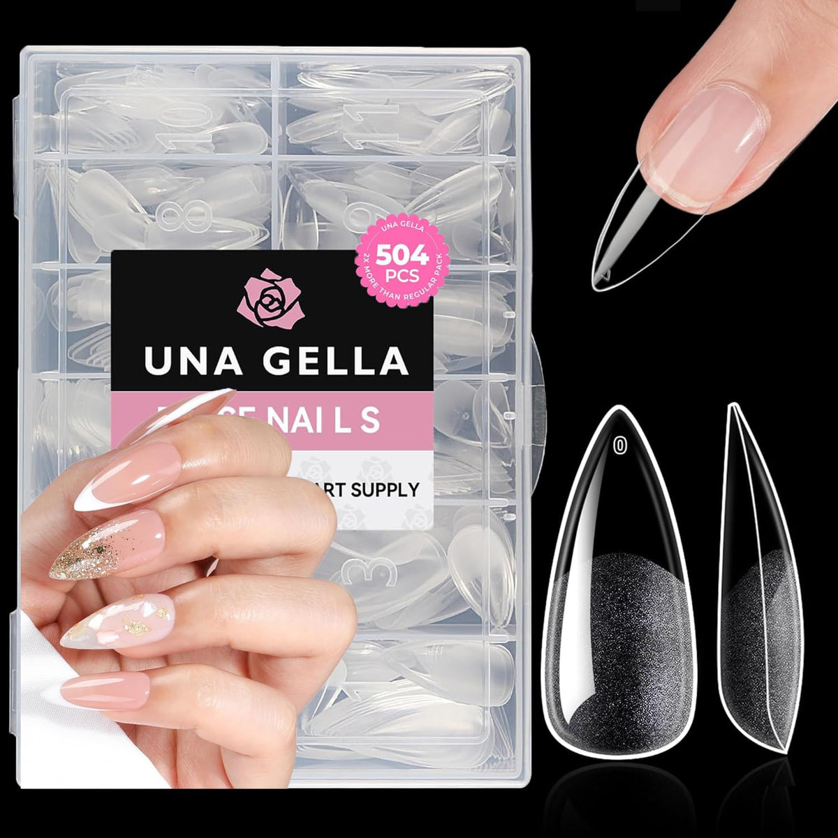 UNA GELLA front packaging showing 504-piece stiletto tips and labeled sizes for quick selection