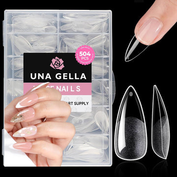 UNA GELLA front packaging showing 504-piece stiletto tips and labeled sizes for quick selection