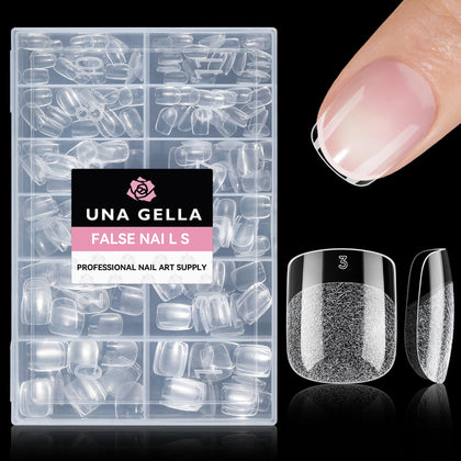 UNA GELLA front packaging showing 216 pre-shaped gel tips and labeled sizes for organization