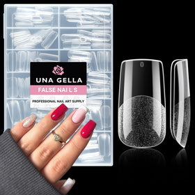 UNA GELLA front packaging showing 216-piece clear square tips and benefits