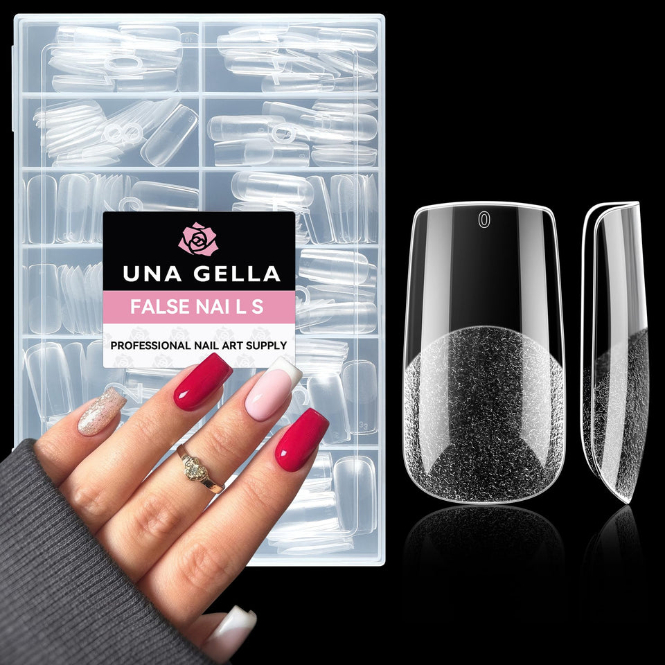 UNA GELLA front packaging showing 216-piece clear square tips and benefits