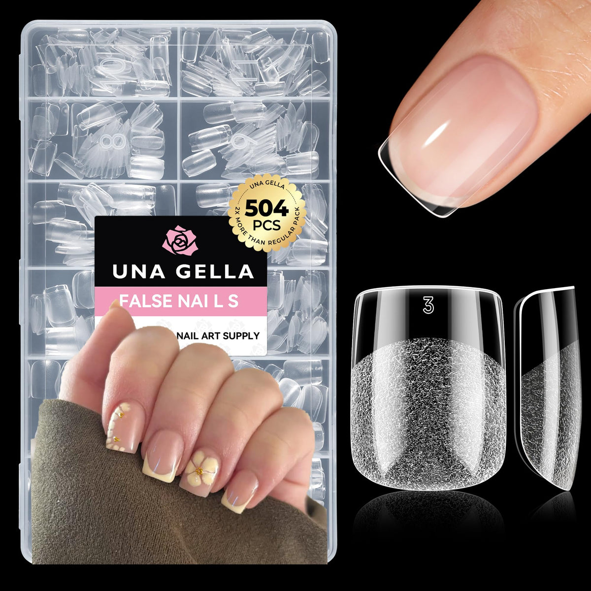 UNA GELLA front packaging showing 504 tips and brand clarity benefit