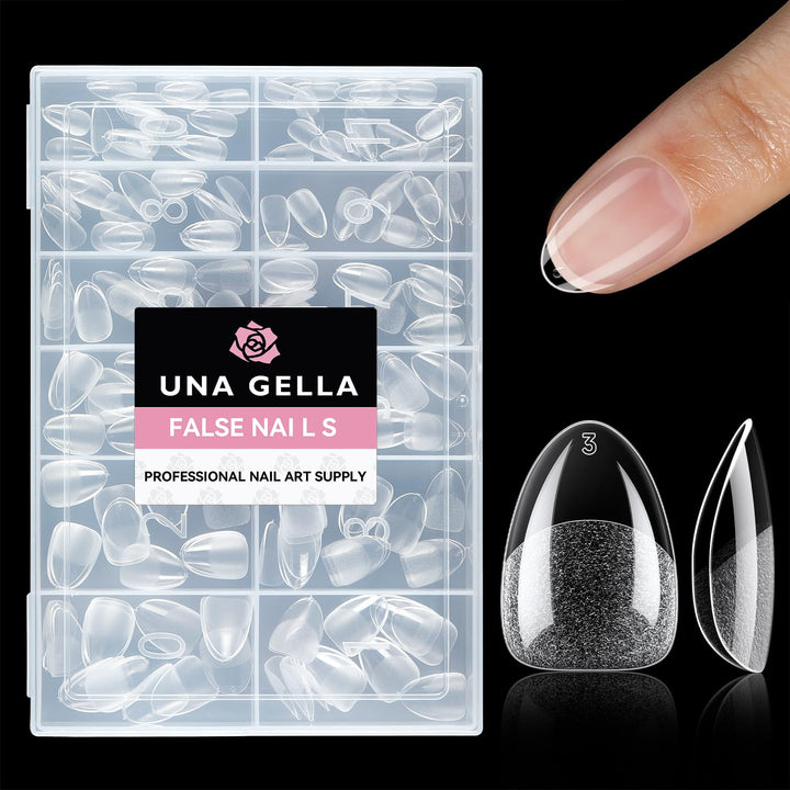 UNA GELLA front packaging showing 216-piece almond gel tips with organized box for easy storage