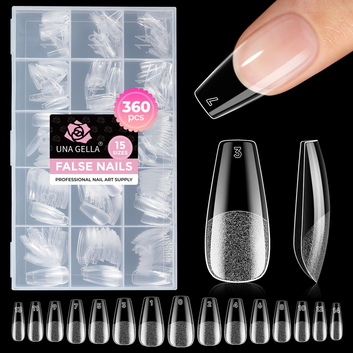 UNA GELLA front packaging showing full 360-piece coffin tip set and benefits
