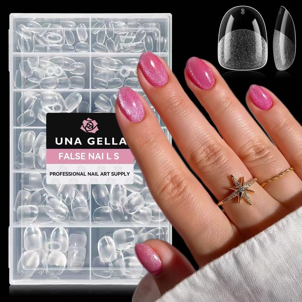 UNA GELLA front packaging showing 216-piece kit and 12 sizes for versatile use