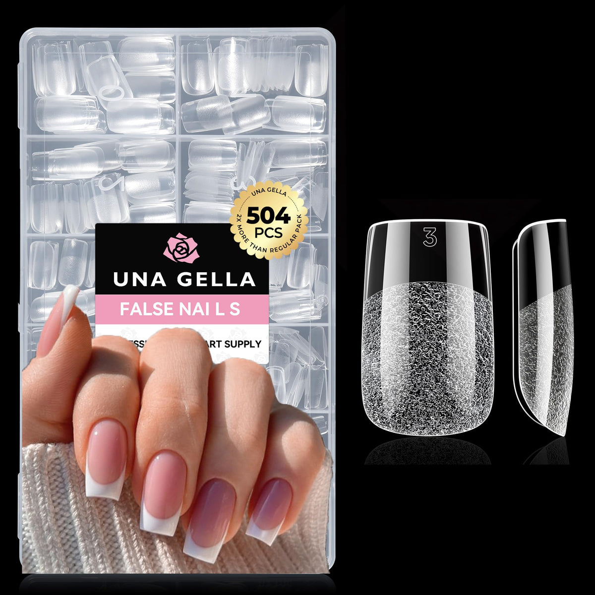 UNA GELLA front packaging showing 504pcs short square tips and benefits