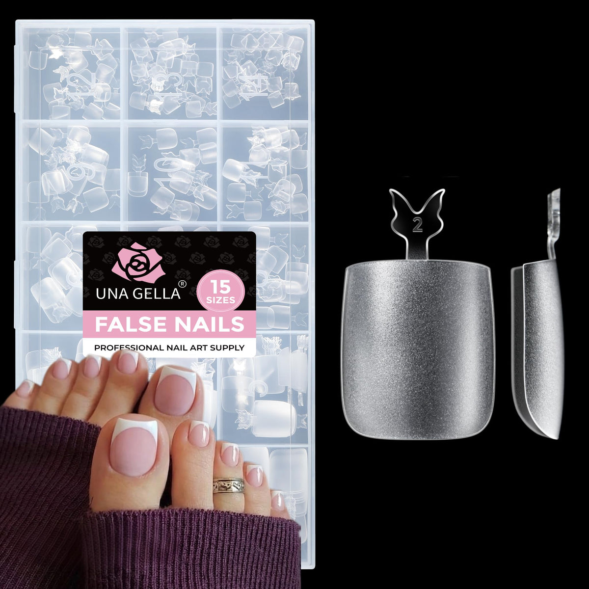 UNA GELLA front packaging showing complete 216-piece toe tip kit and sizes benefit quick selection