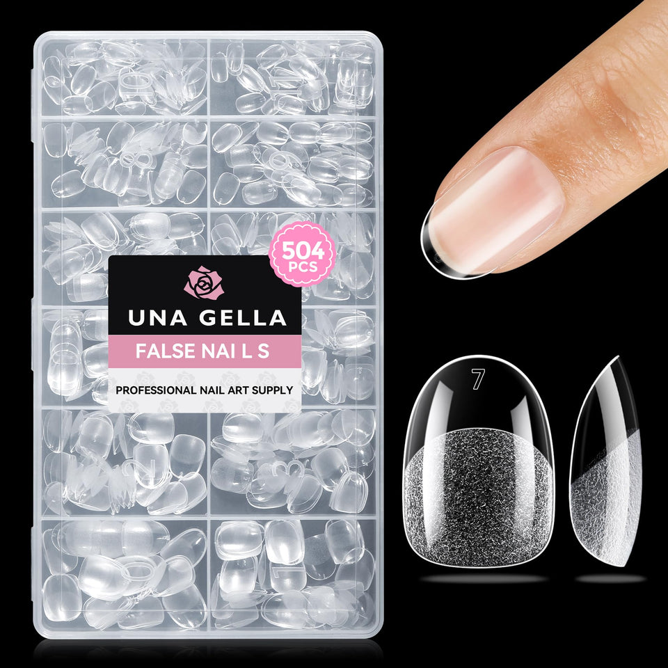 UNA GELLA front packaging showing full 504-piece kit and clear tips benefit