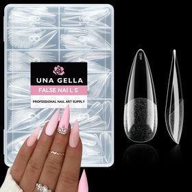UNA GELLA front packaging displaying 216 stiletto gel tips, quick selection benefit
