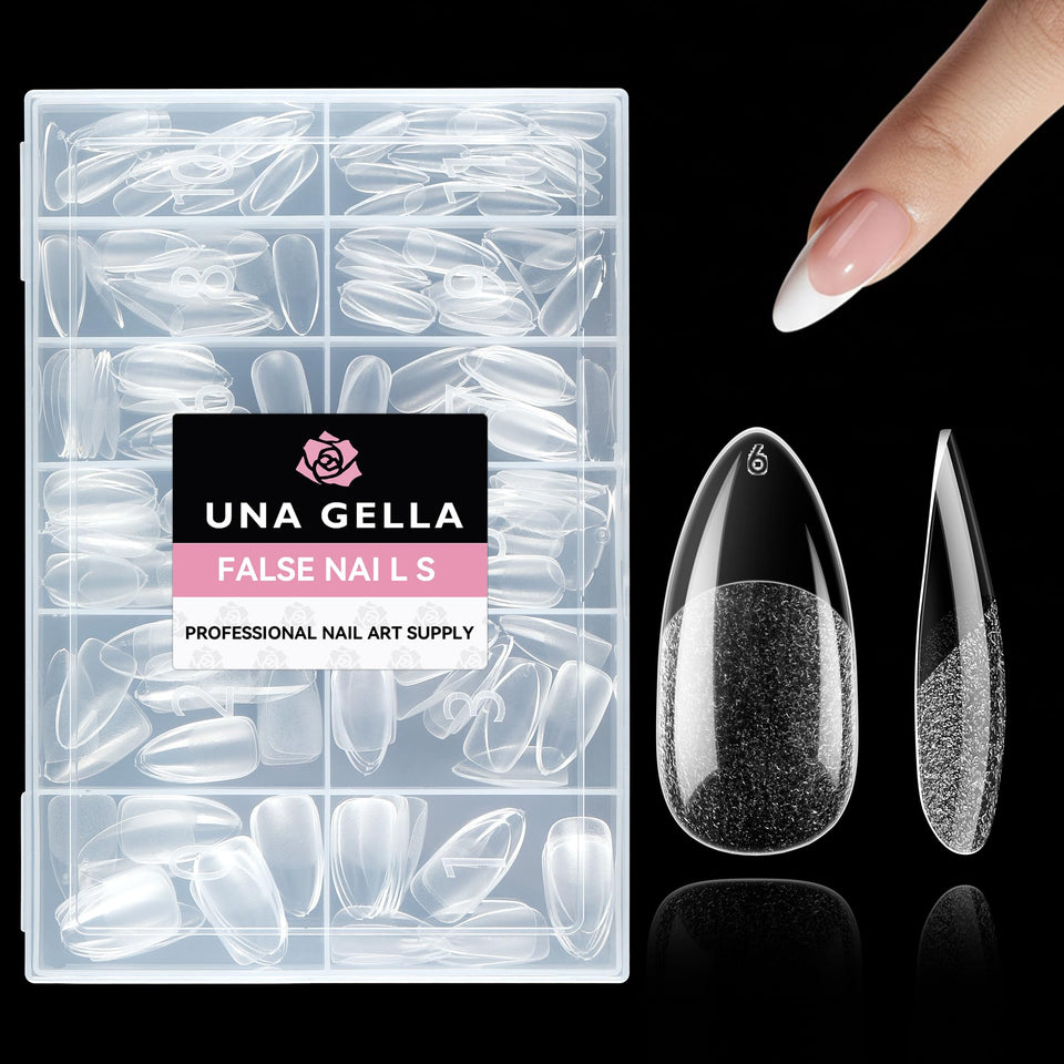 UNA GELLA front packaging showing full 216-piece almond tip set benefit easy selection