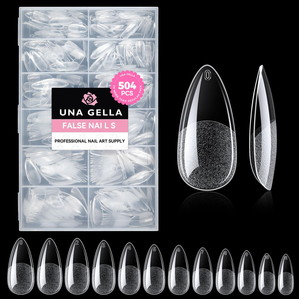 UNA GELLA front packaging showing 504-piece almond tip kit and clear benefits