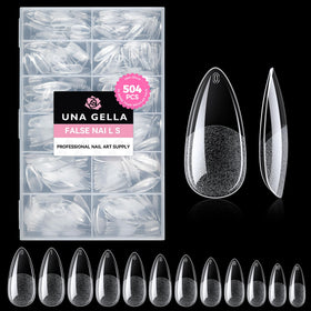 UNA GELLA front packaging showing 504-piece almond tip kit and clear benefits