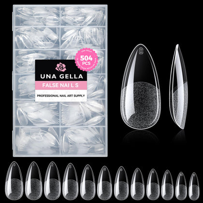 UNA GELLA front packaging showing 504-piece almond tip kit and clear benefits